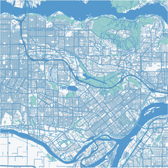 Map of Burnaby in Canada in a professional blue style. Contains layered vector with roads water, parks, etc.