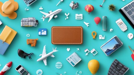 A vibrant flat lay image featuring various travel-related and lifestyle items, including a model airplane, books, and tech gadgets, on a cheerful turquoise background.