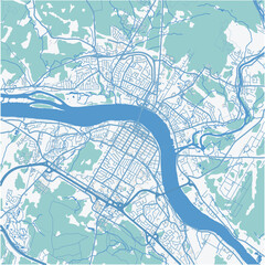 Map of Fredericton in Canada in a professional blue style. Contains layered vector with roads water, parks, etc.