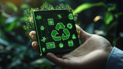 A hand holds a glowing green recycling symbol amid lush foliage, representing sustainability and eco-friendliness.