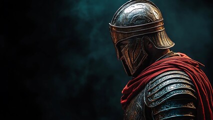 Ancient Warrior in Metal Armor with Red Cloak and Helmet, Side Profile in Dramatic Dark Background