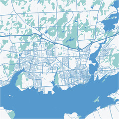 Map of Kingston in Canada in a professional blue style. Contains layered vector with roads water, parks, etc.