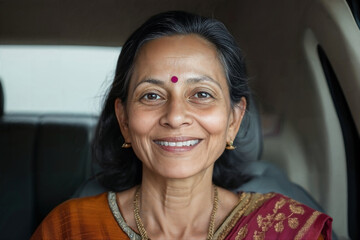 Smiling Indian Woman in Traditional Attire Inside a Car