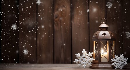 Festive Christmas Lantern with Snowflakes on Wooden Background