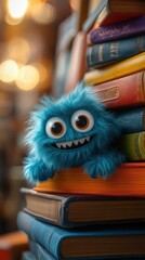 Little Monster Peeking Out from Colorful Books