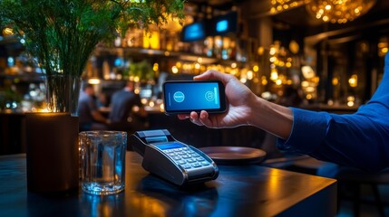 A person makes a contactless payment in a stylish restaurant, showcasing modern technology amidst a cozy, ambient setting.