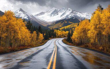 Fototapeta premium Winding road through an autumn forest lined with golden aspen trees leading to snow-capped mountains under dramatic cloudy skies, capturing the beauty of fall and nature's journey
