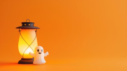 Fototapeta premium A cute lantern and ghost placed on a solid pastel orange background with space above for text 