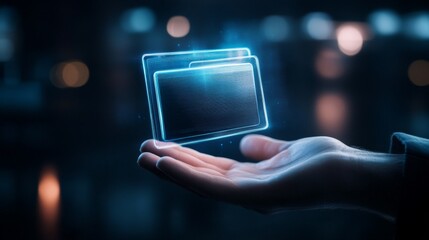 A glowing, holographic card is presented in a hand against a blurred, futuristic background, symbolizing technology and innovation.