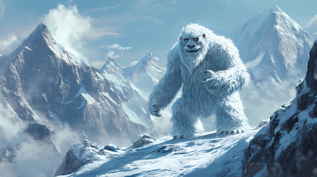Yeti or abominable snowman in snow covered mountain landscape. generative ai. Yeti. Illustration