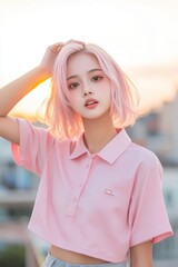 A young woman with stylish pink hair poses in a pastel pink polo shirt during a sunset, exuding a trendy and vibrant vibe.