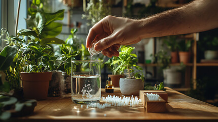 A person carefully measuring out homeopathic liquid drops into a glass of water, with plants and natural elements in the background. 