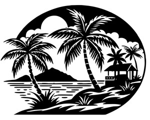 Sea Beach Vector Silhouette Illustration