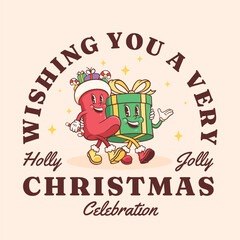 Christmas Groovy Sock and Gift Box Retro Characters. Cartoon Xmas Personage Label. Vector Winter Holiday Mascot Template Background. Happy Vintage Cool Illustration Isolated