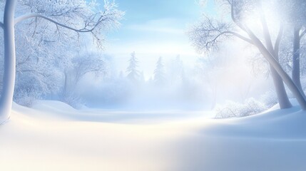 Snowy forest scene with frosted trees and a blanket of snow covering the ground, creating a calm winter background with nature's beauty.