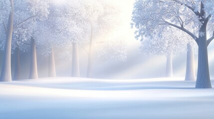 Fototapeta premium Snowy forest scene with frosted trees and a blanket of snow covering the ground, creating a calm winter background with nature's beauty.
