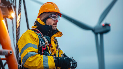 Worker in safety gear at wind turbine site