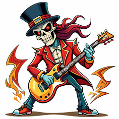 A'A Rocker-Style Skeleton Guitar T-Shirt Design - Side View on Clean White Background , Cool A'A Skeleton Playing Guitar T-Shirt - Rocker Style Design on White , A'A Rocker Skeleton with Guitar Graphi