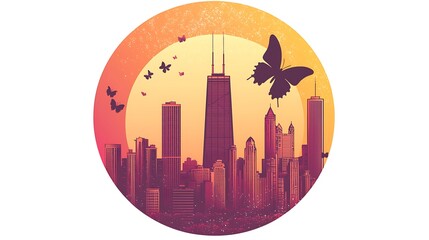 Fototapeta premium Chicago Skyline Vector Icon at Golden Hour with Butterflies Silhouetted in Circle Frame on Pink Background