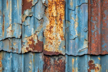 Closeup of a Rusty and Weathered Metal Surface with Flaking Blue Paint