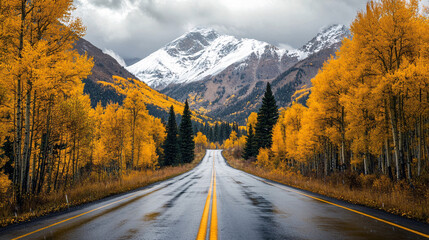 Winding road through an autumn forest lined with golden aspen trees leading to snow-capped mountains under dramatic cloudy skies, capturing the beauty of fall and nature's journey