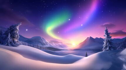 Fototapeta premium Snowy winter landscape illuminated by vibrant northern lights dancing across the night sky, casting a magical glow over the snow-covered ground.