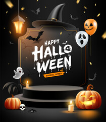 Happy Halloween sale black podium, bright lamp, pumpkin, bat flying, balloon, poster flyer design on sign black background, Eps 10 vector illustration