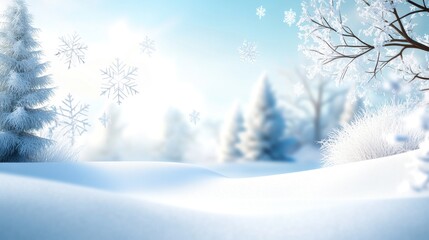 Fototapeta premium Soft winter scene with intricate snowflakes floating through the air, overlaying a snow-covered forest backdrop under a clear sky.