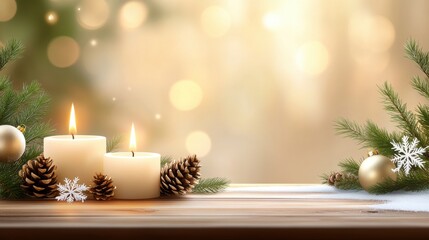 Softly lit Christmas candles on a wooden table, surrounded by festive greenery, pinecones, and snowflakes, evoking a traditional and rustic holiday feel.