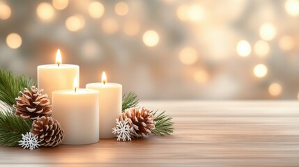 Softly lit Christmas candles on a wooden table, surrounded by festive greenery, pinecones, and snowflakes, evoking a traditional and rustic holiday feel.
