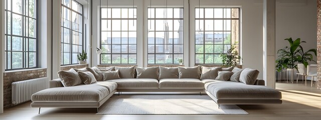 Stylish and modern loft style living room with a large L shaped sectional sofa in color velvet high ceilings and floor to ceiling windows showcasing a minimalist Scandinavian aesthetic