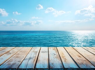 Fototapeta premium Wooden Tabletop Ocean View Photography Backdrop