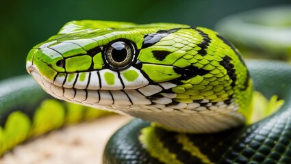 Obraz premium Closeup of vibrant green snake with detailed scales