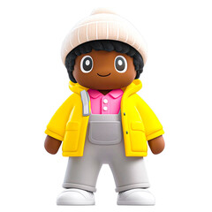 Cute cartoon man with pigtails, wearing a yellow raincoat, white cap and boots, no background, transparent background
