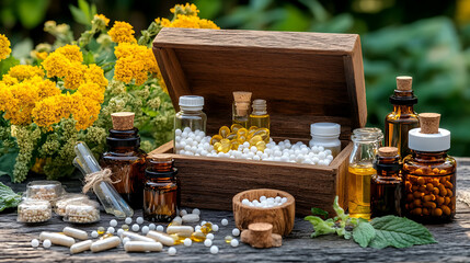A variety of homeopathic remedies displayed in a wooden box, with essential oils, herbs, and natural supplements placed next to them on a table. 