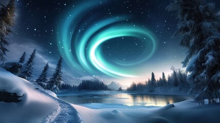 Naklejka premium Stunning winter night with northern lights swirling across the sky, illuminating a frozen lake and snow-covered trees. A breathtaking natural display.