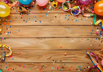 Festive Wooden Background with Balloons, Confetti & Streamers