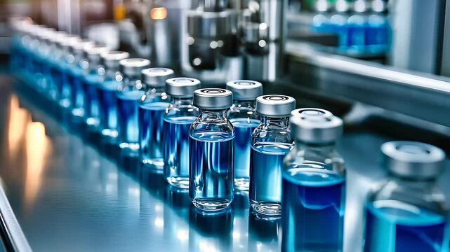 Row of blue liquid-filled vials moving along a production line, representing pharmaceutical manufacturing, medical research, and vaccine development.

