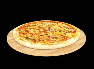 One delicious Margherita pizza isolated on black background. Neapolitan pizza with spices, tomatoes and cheese mozzarella