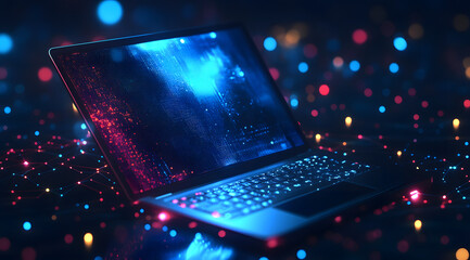 Modern laptop with digital neon lights, technology concept, futuristic tech background, AI innovation, data science, cyber security, and machine learning trends, tech inspiration.

