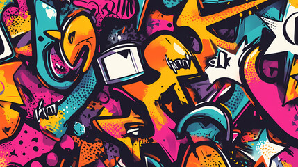 Obraz premium Vibrant graffiti-inspired seamless background featuring punk and pop art elements for an artistic backdrop. Graffiti Pop. Illustration