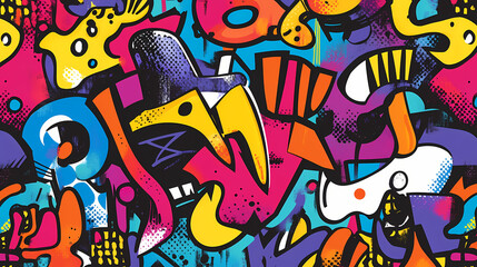 Vibrant graffiti-inspired seamless background featuring punk and pop art elements for an artistic backdrop. Graffiti Pop. Illustration
