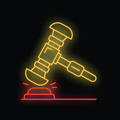 Neon gavel striking sound block icon for law and justice