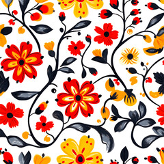 Colorful hand-painted floral design with vibrant red, yellow, and blue flowers, detailed leaves, on a dark background, folk art style.