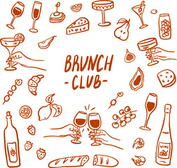 A hand-drawn retro style brunch-themed illustration featuring a variety of gourmet food and drinks.