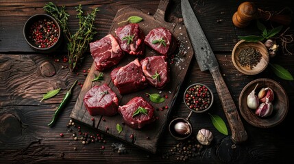 Raw Steak on Wooden Cutting Board