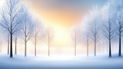 Tranquil winter scene with tall, bare trees covered in frost, snow on the ground, and a soft, glowing winter sky. The trees create a peaceful mood.
