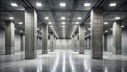 Empty industrial room with concrete pillars and ceiling lights illuminating the shiny floor