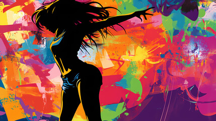 Vibrant urban pop art with silhouette of woman in motion. Graffiti Pop. Illustration