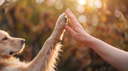 Close-up photo of human hands and dog paws greeting each other. The background is slightly blurred to create a peaceful outdoor atmosphere. Soft natural light on the hands.